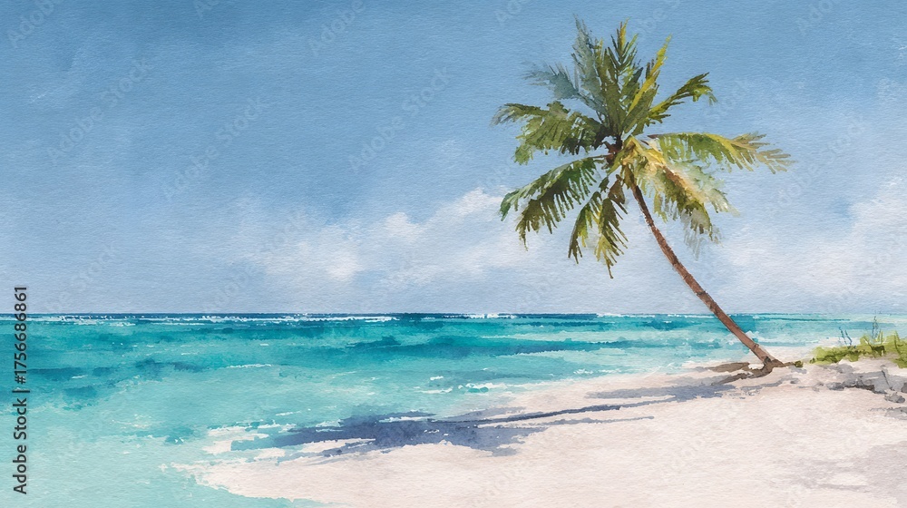 Fototapeta premium Tropical palm tree leans over a serene beach with turquoise ocean waves.