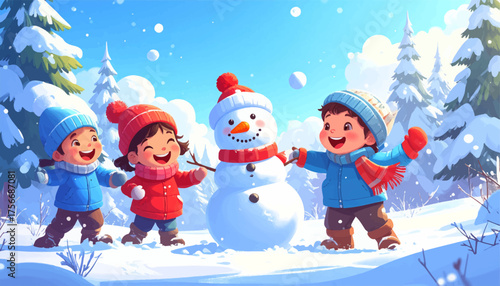 Kids building snowman on bright winter day. Happy children smiling beside snowman. Joyful friends making snowman in forest. Winter wonderland fun with cheerful kids. Snowy day playtime with friends