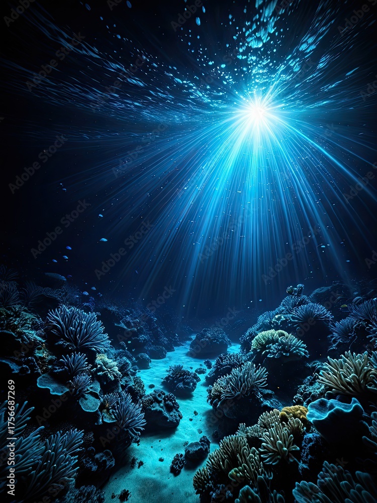Fototapeta premium Deep sea vista; sunlight streams into coral reef; a beautiful underwater world