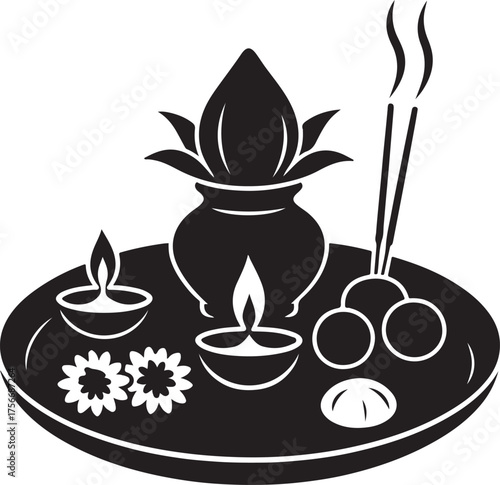 Traditional indian puja thali with kalash diya flowers incense sticks and betel nuts for religious ceremonies