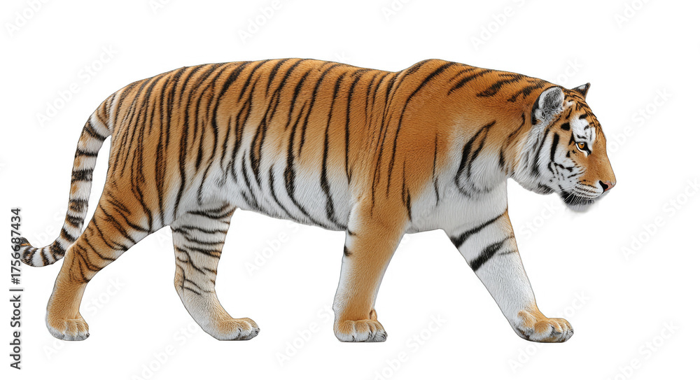 Obraz premium A majestic tiger with unique stripes is depicted walking, showcasing its natural beauty and wild essence.