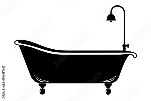 Elegant Clawfoot Bathtub Silhouette with Shower and Water Drop Vector Illustration