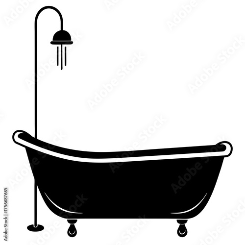 Elegant Clawfoot Bathtub Silhouette with Shower and Water Drop Vector Illustration