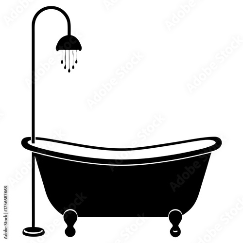 Elegant Clawfoot Bathtub Silhouette with Shower and Water Drop Vector Illustration