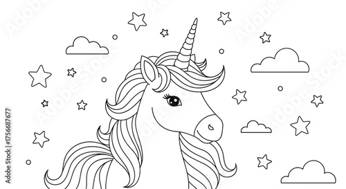 A whimsical unicorn with a flowing mane surrounded by twinkling stars and fluffy clouds for coloring fun.