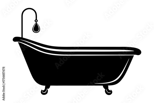 Elegant Clawfoot Bathtub Silhouette with Shower and Water Drop Vector Illustration