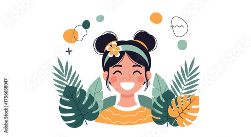 A happy young girl with buns and a floral headband surrounded by tropical leaves and abstract shapes.
