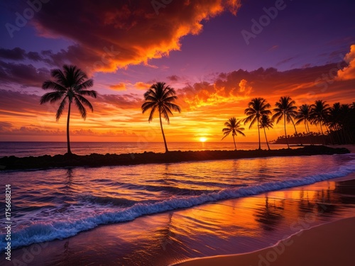 Tropical sunset scene, palms silhouetted against fiery sky, ocean waves