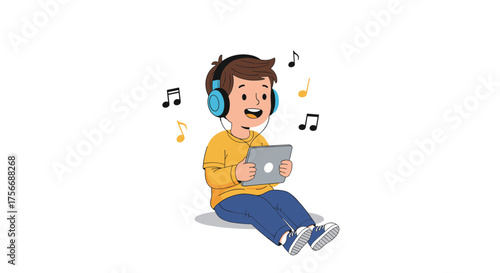 A young boy wearing headphones listens to music on his tablet while sitting on the floor.