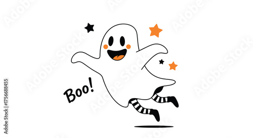 A cute little ghost happily floating through the night with stars and a friendly boo.