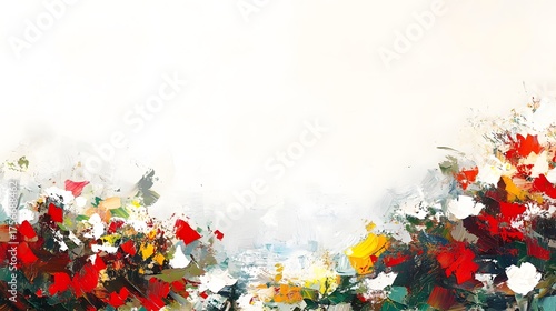 Textured oil painting of abstract floral forms against a bright background.