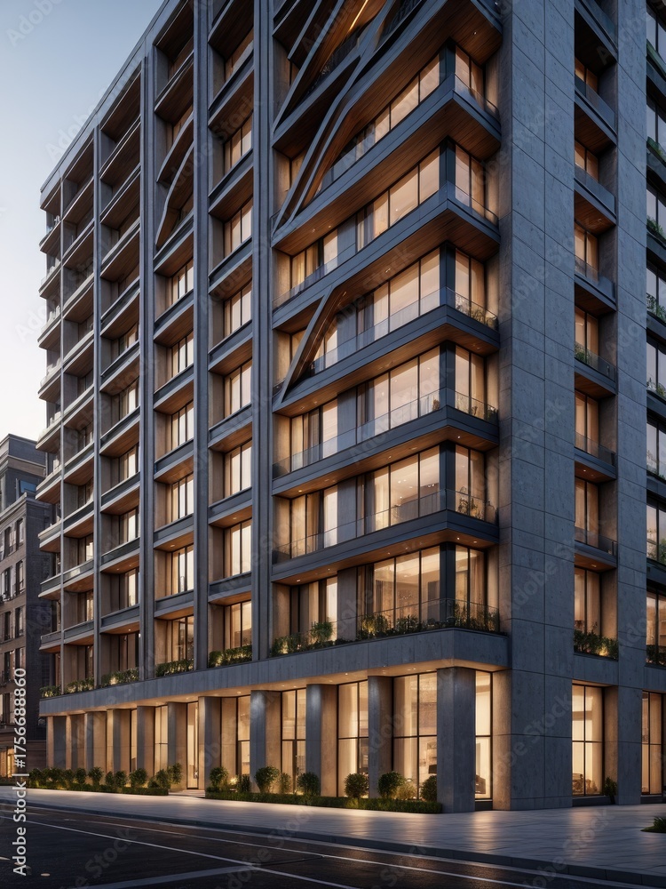 Fototapeta premium Modern high-rise building with illuminated windows