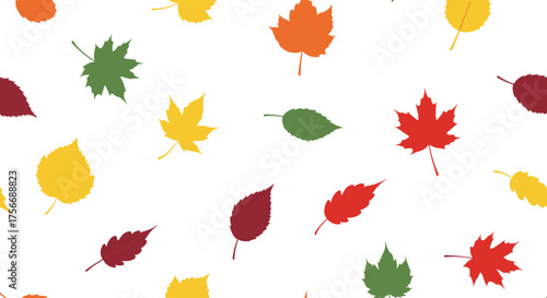 A vibrant collection of colorful autumn leaves scattered across a white background.