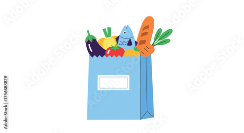 A collection of fresh healthy groceries and food items in a light blue paper bag for your next grocery shopping trip.