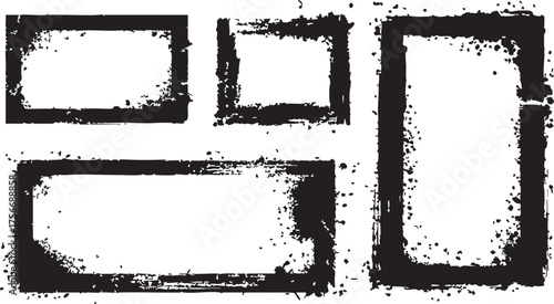 Grunge-style black splattered frames set, versatile design elements for posters, digital art, and print media, creative graphic resource.