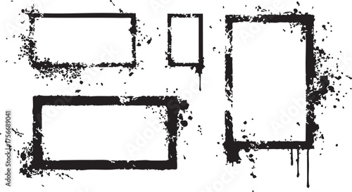 Grunge-style black splattered frames set, versatile design elements for posters, digital art, and print media, creative graphic resource.