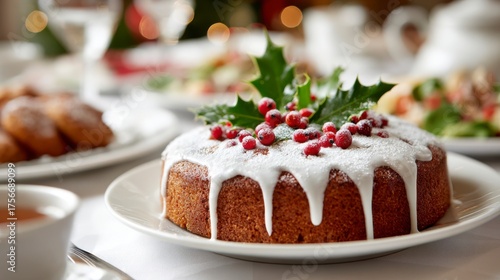 Wallpaper Mural A Beautifully Decorated Cake Displayed on a Table Surrounded by Festive Dishes, Complete with Icing, Berries, and Seasonal Greenery Torontodigital.ca