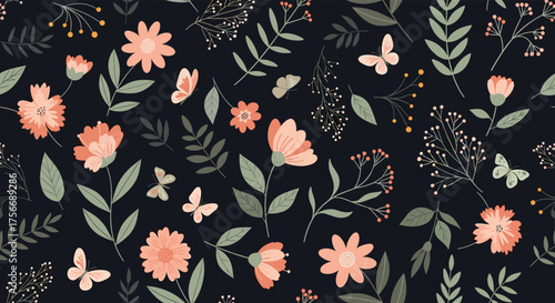 A charming floral pattern with delicate flowers and butterflies on a dark background.