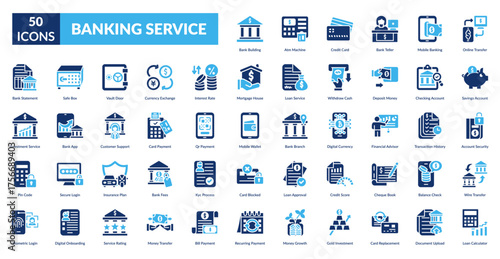 Banking Service Fill Icon Set. Bank Building, Atm Machine, Credit Card, Teller Counter, Mobile Banking App, Online Money Transfer, Savings Account