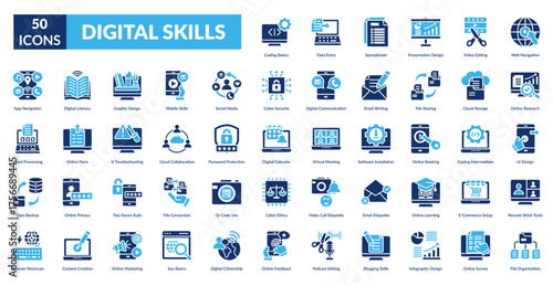 Digital Skills Fill Icon Set. Coding Basics, Data Entry, Spreadsheet Management, Presentation Design, Video Editing Skills, Web Navigation, Online Research Methods