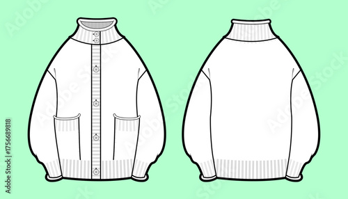 Oversized Knit Cardigan with Mock Neck and Patch Pockets Technical Flat Sketch