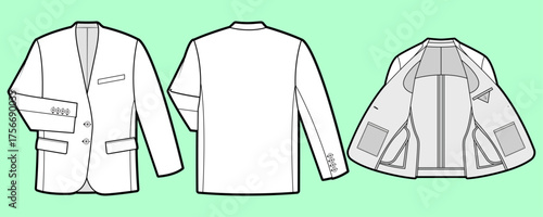 Two-Button Tailored Blazer with Stand Collar Technical Flat Sketch