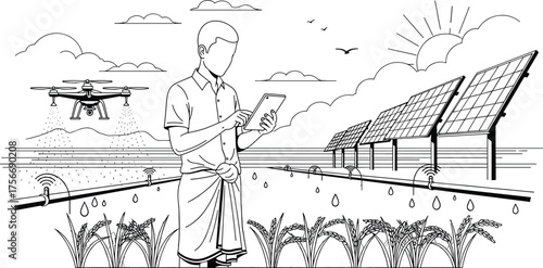 Smart agriculture illustration, traditional farmer with tablet, drone spraying crops, solar powered irrigation, sustainable farming design, eco friendly digital agriculture