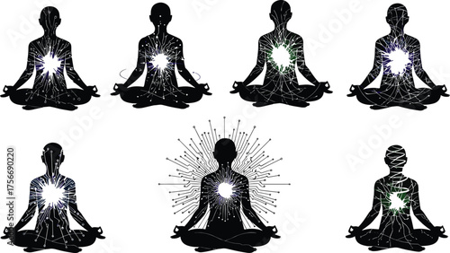 Meditation silhouette energy, digital consciousness awakening, futuristic mindfulness design, human inner power, abstract neural network, spiritual technology fusion, radiant data burst