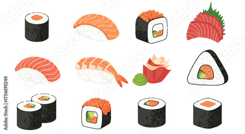 A collection of various sushi and sashimi dishes presented in a visually appealing arrangement on a white background.