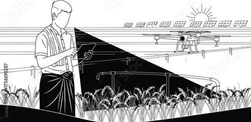Smart farming illustration, traditional farmer with tablet, drone spraying crops, solar powered irrigation, sustainable agriculture design, eco friendly digital farming