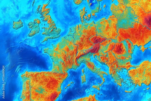Map Europe showing extent Mediterranean Sea color-coded different Satellite illustrates