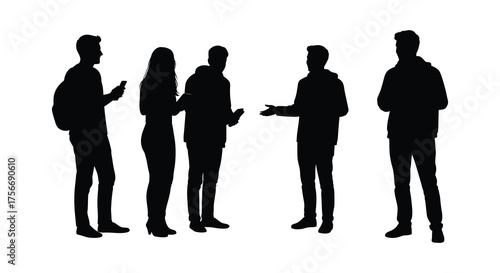Diverse group of young adults standing together in conversation outdoors silhouette