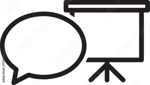 Engaging speech bubble with presentation board, communicating ideas, sharing insights, and promoting innovation, original scalable vector graphic