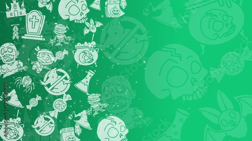 Animated Halloween pattern with fun green seamless pattern. doodles halloween suitable for invitations, wallpaper and backgrounds. Loop motion graphic.