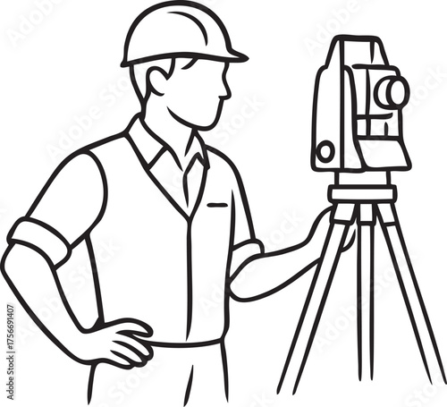 Land surveyor using tripod instrument – line art illustration