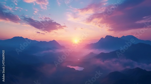 Dreamy Sunrise Over Misty Mountain Valley