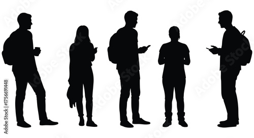Diverse group of young people standing together in silhouette holding smartphones and backpacks on a white background