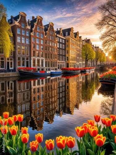 Picturesque canal scene with colorful houses, boats, tulips, and reflections