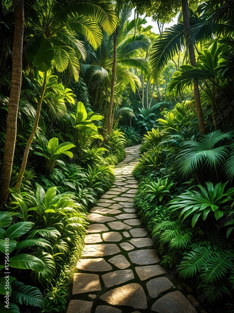 Fototapeta premium Stone path winds through lush, verdant tropical foliage, dappled sunlight