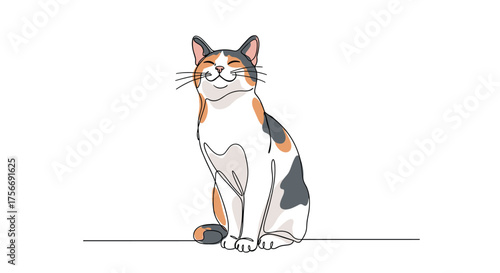 A beautiful calico cat with a white chest and paws sits patiently with its eyes closed.