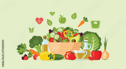 Vector illustration of healthy food and organic vegetables, salad bowl, and nutrition concept in flat style