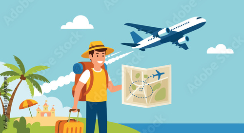 Travel and vacation concept vector, tourist with luggage, airplane, and map, summer adventure design