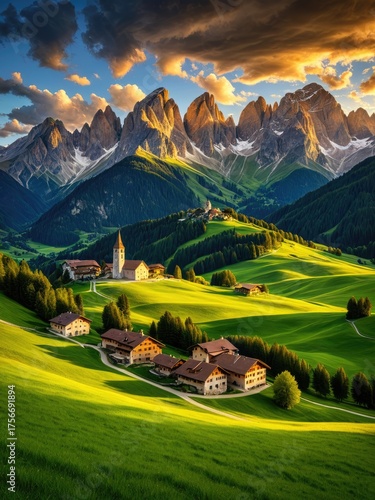 Wallpaper Mural Scenic landscape with rolling hills, a quaint village, & majestic mountains Torontodigital.ca