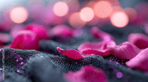 A Close-Up of Delicate Rose Petals on a Soft Black Fabric Background, Accentuated by Sparkling Glitter and Gentle Bokeh Lights for a Romantic Aesthetic