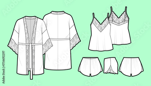 Lace-Trimmed Women’s Sleepwear Set – Multi-Garment Technical Flat Sketch Featuring Robe, Camisoles, and Panties with Front & Back Views