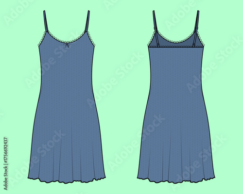 Sleeveless Lace-Trimmed Dress – Front & Back Technical Flat Sketch with Bow Detail Fitted Bodice and Flared Hemline