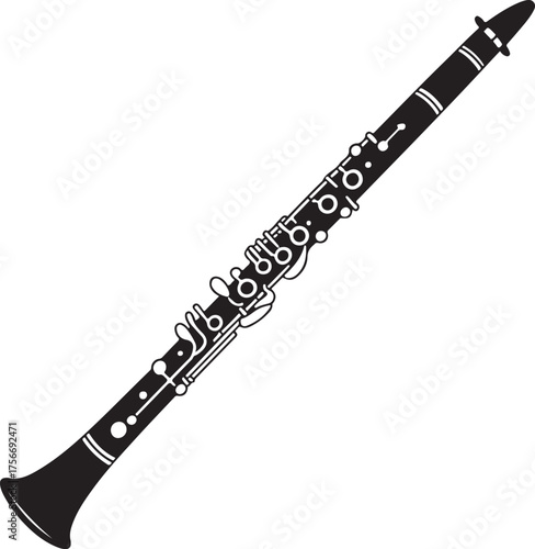 black silhouette of clarinet on white background, vector