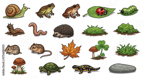 Collection of woodland creatures pixel art style various animals and plants forest ecosystem