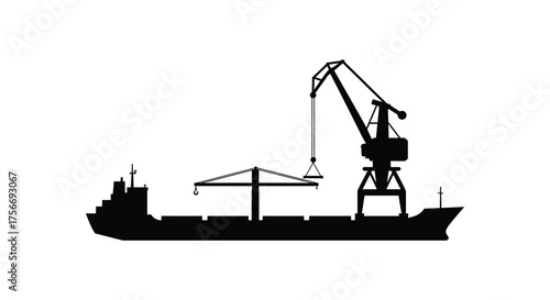 Industrial cargo ship and loading crane in silhouette against a white background for logistics and shipping concepts silhouette