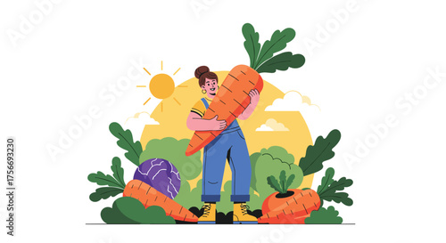 A farmer proudly holds a giant carrot harvested from the garden on a sunny day.